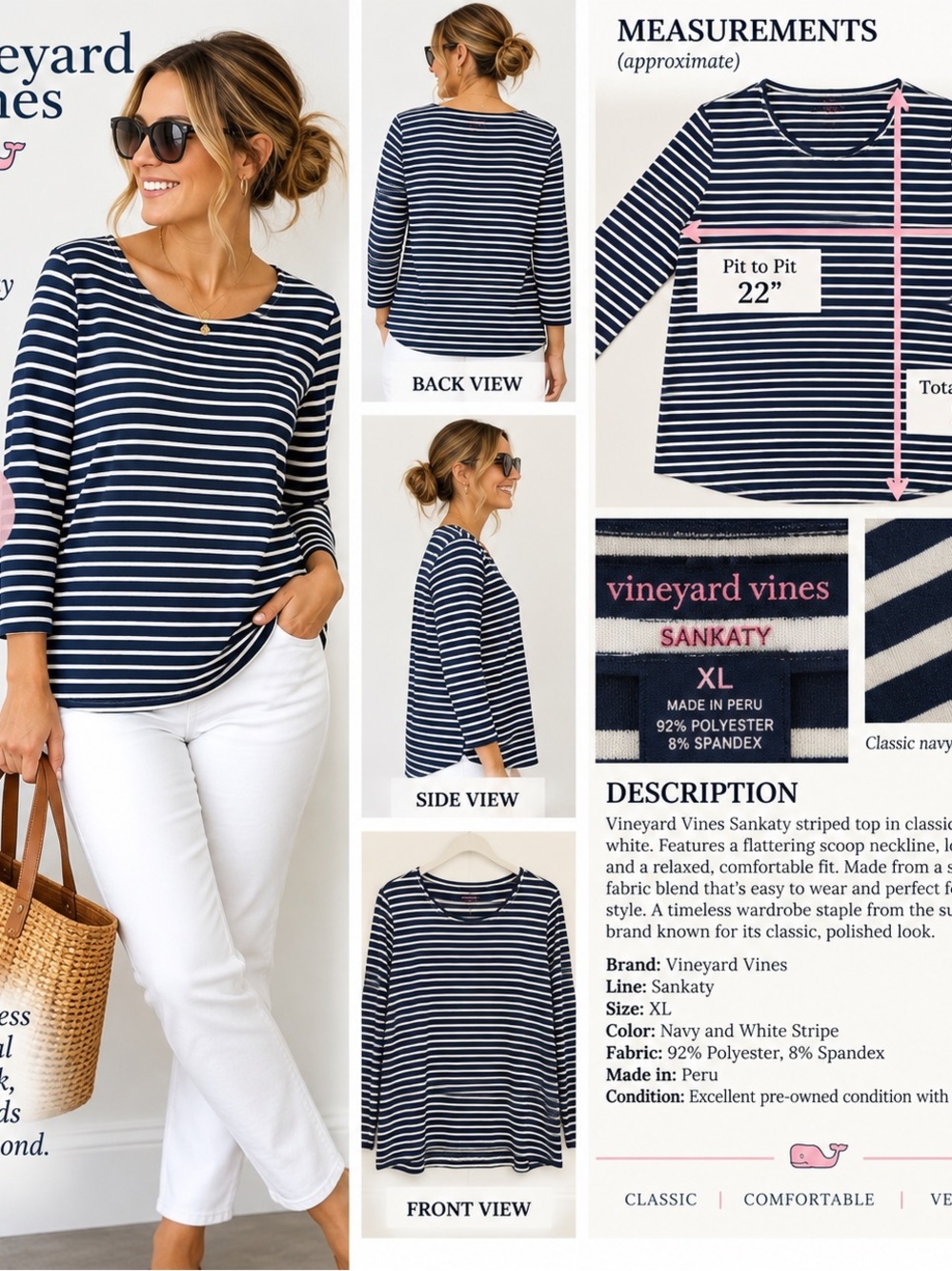 Vineyard Vines Navy and White Striped Scoop-Neck Top #108